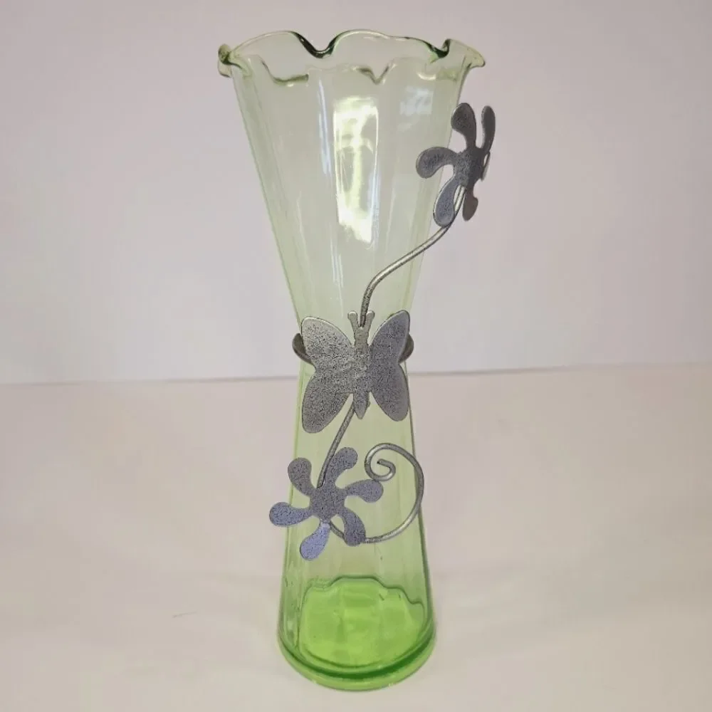 Vintage Green Stretch Glass Ruffled Rim Metal Floral Embellished Bud Vase